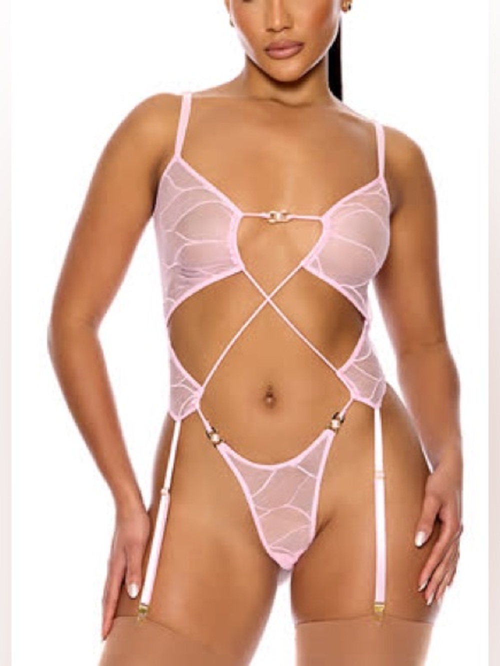 NEW FORPLAY PULL MY STRINGS MESH Sheer Light Pink Strappy Teddy Garter Clips